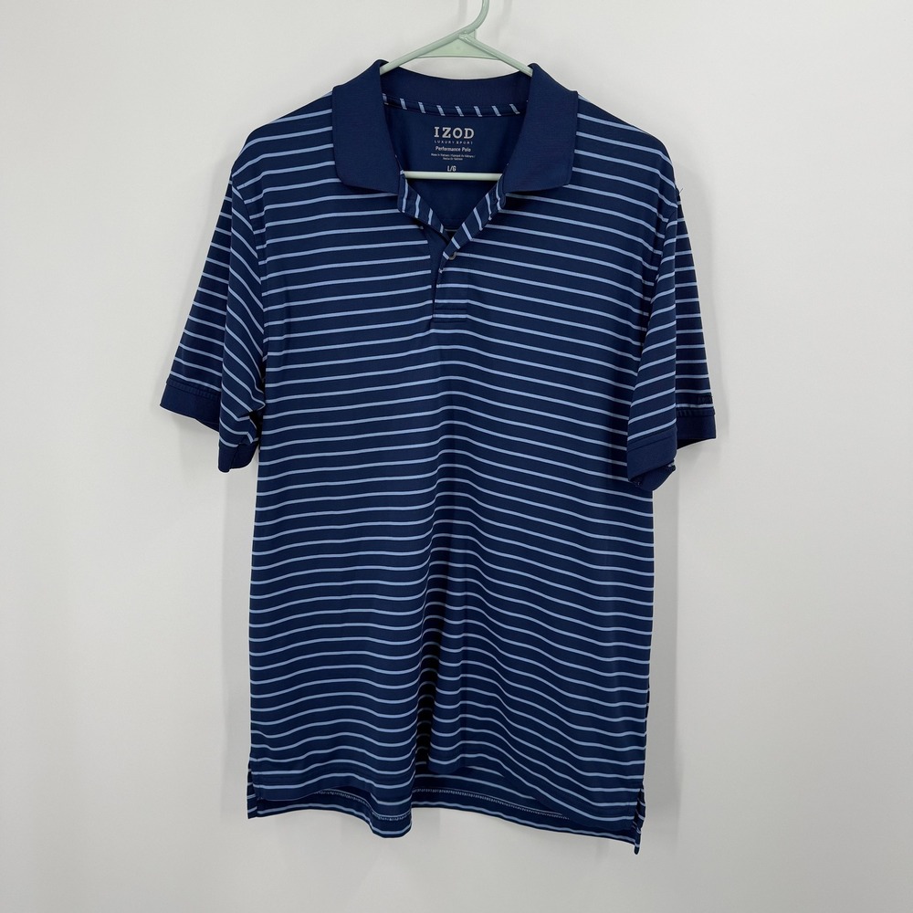IZOD Mens Luxury Sport Performance Polo Shirt Navy Blue Stripe‎ Short Sleeve L
